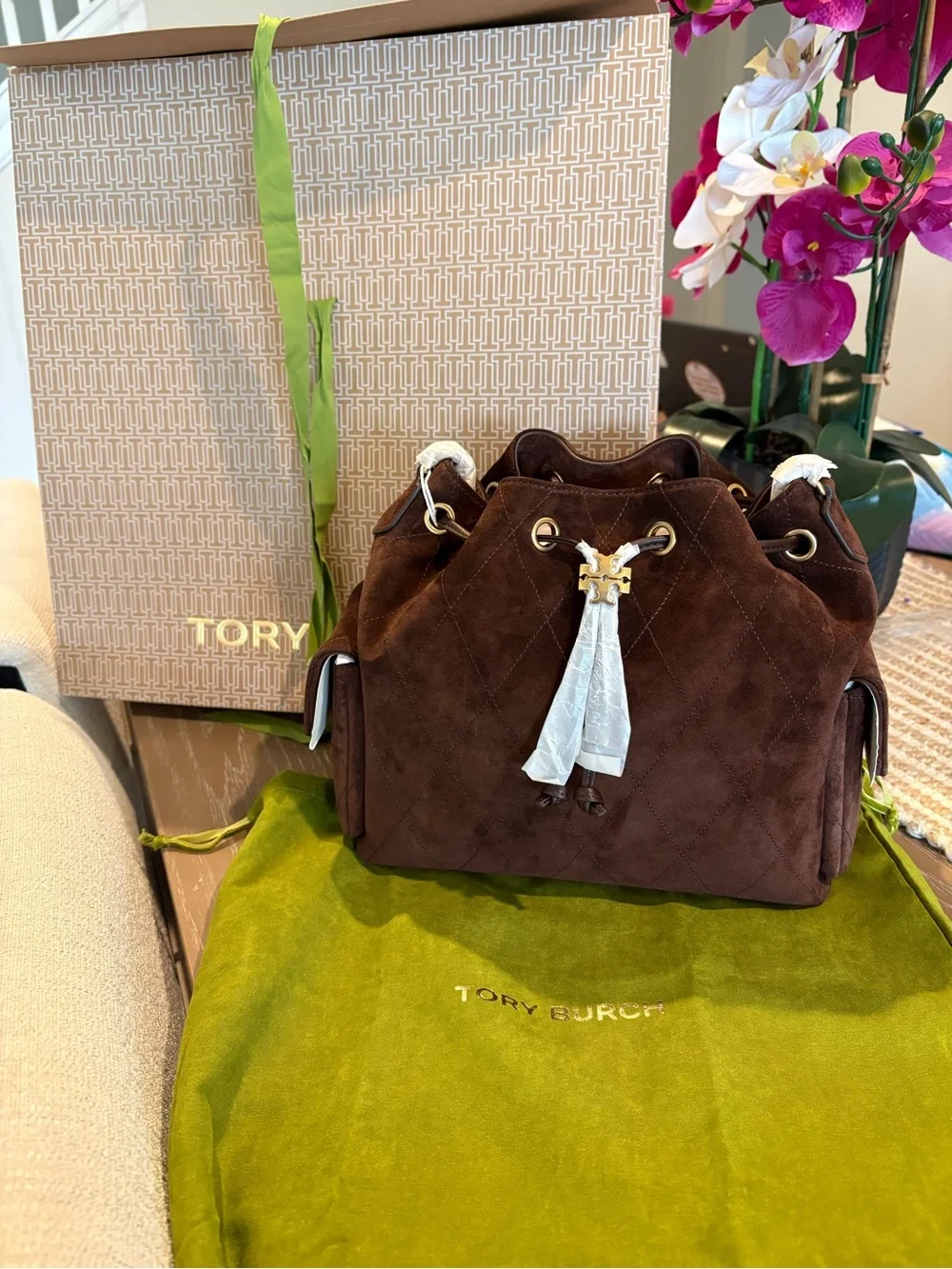 Tory Burch Brown Quilted Suede Drawstring Crossbody Bag